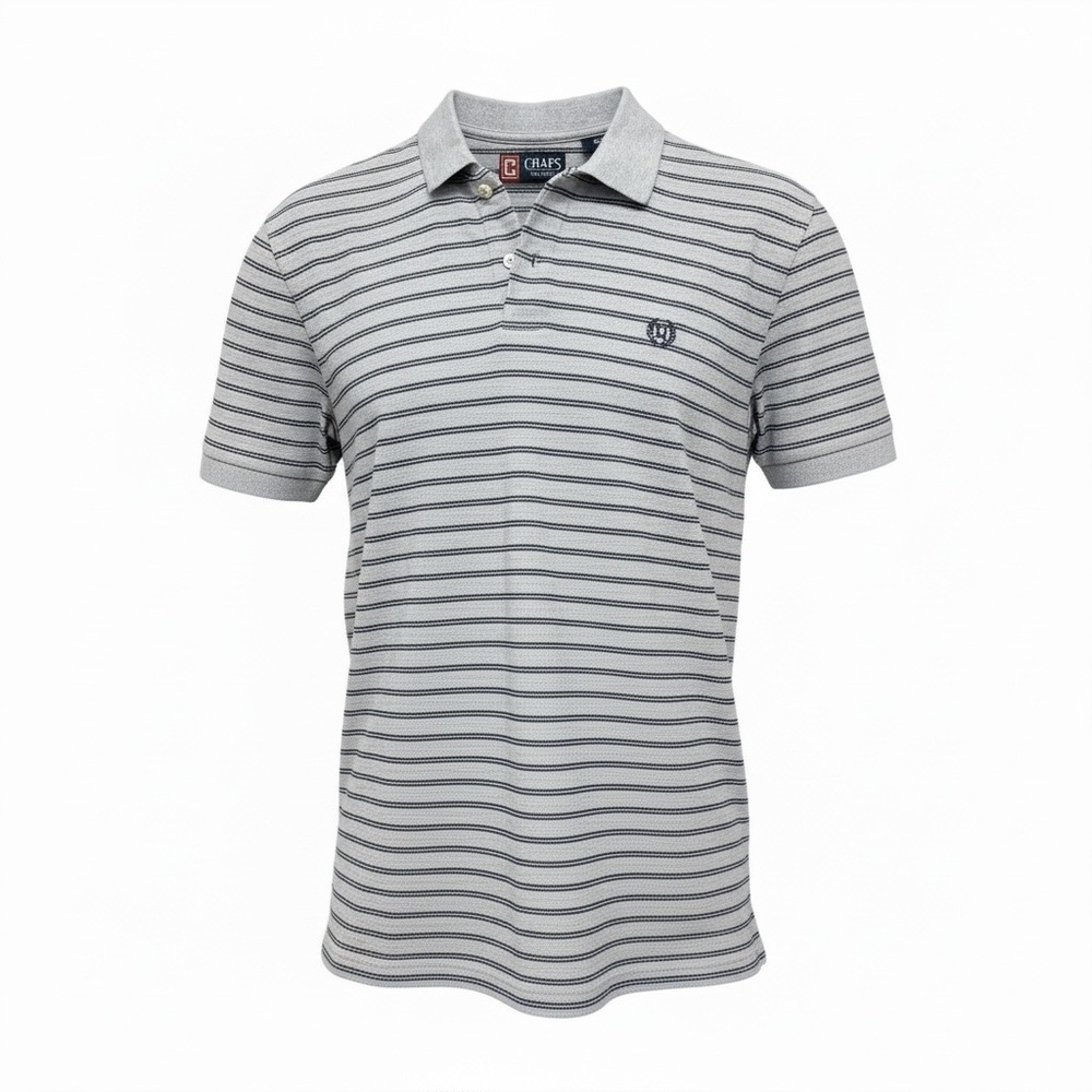 Chaps Men’s Gray and Navy Striped Short Sleeve Polo Size Large US